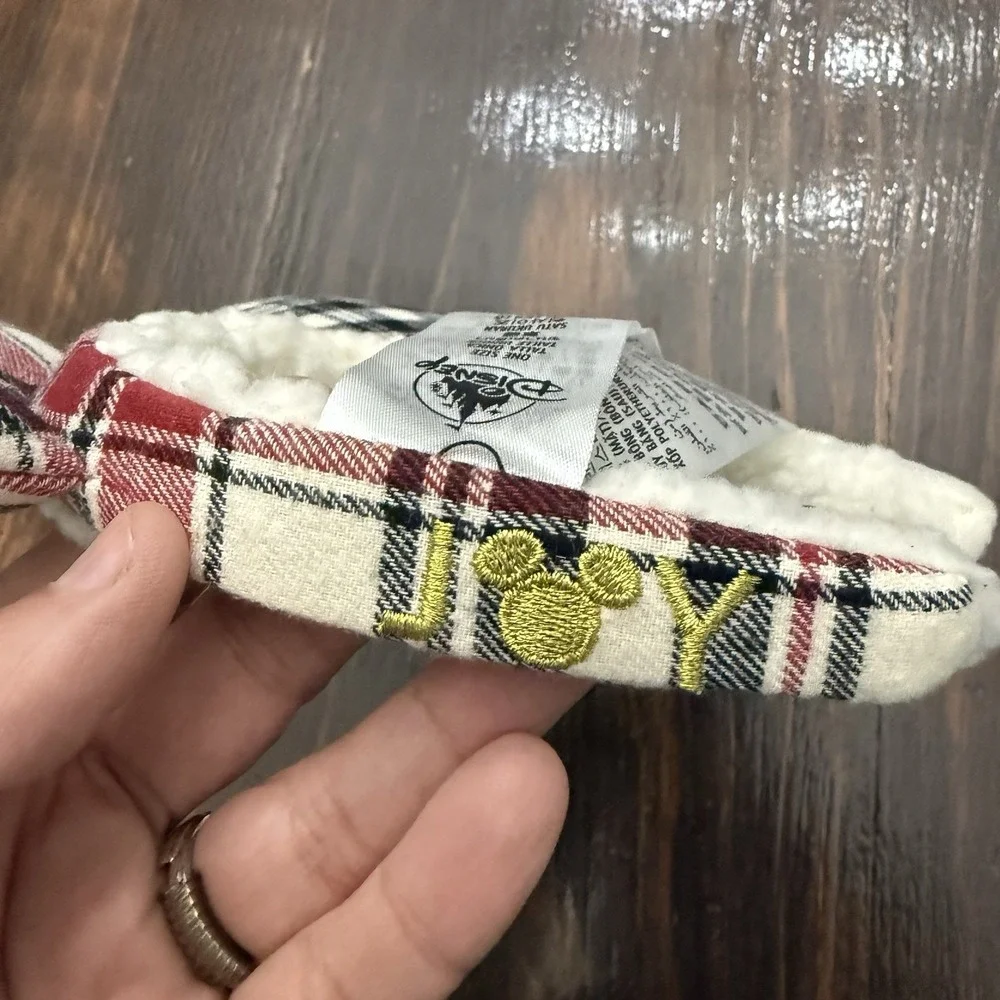 Disney Parks Mickey Mouse Plaid Sherpa Ear Headband‎ Red White Holiday Christmas